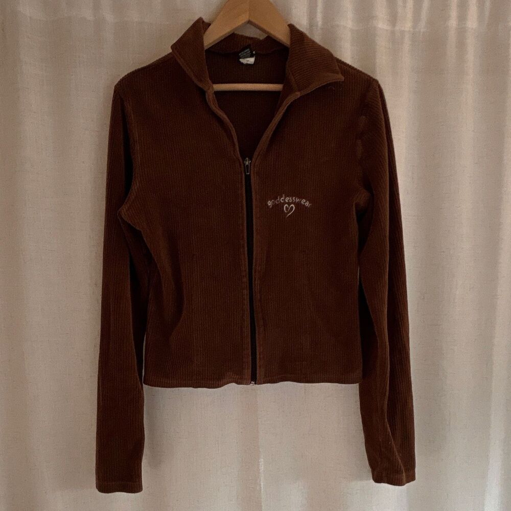 Goddesswear Women's Brown Corduroy Cotton Full Zip Hoodie Small Embroidered Logo